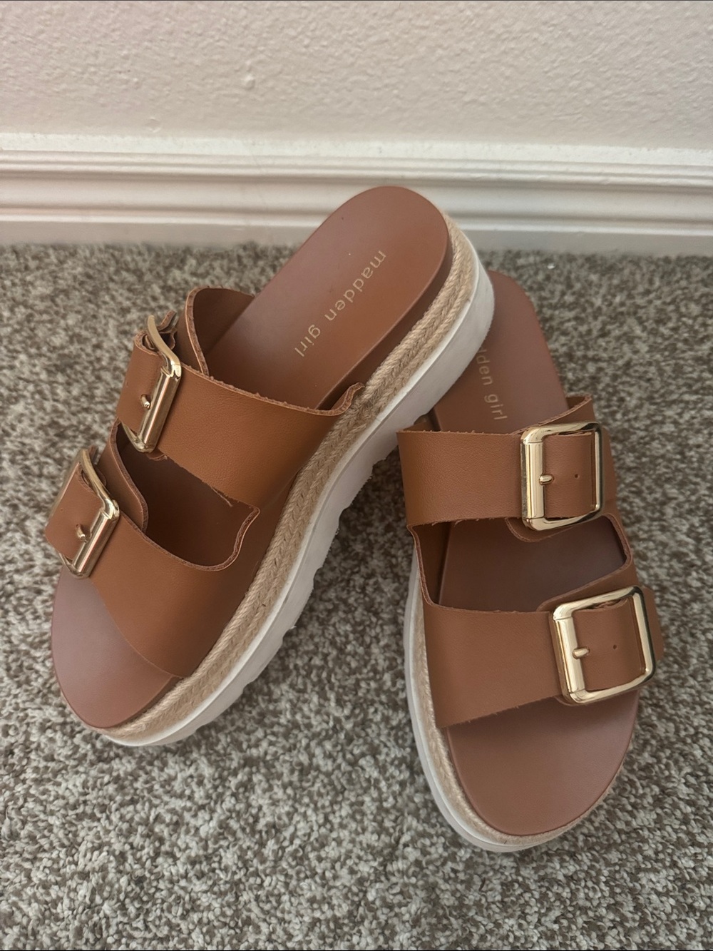 Madden Girl Brown Double-Buckle Platform Slide Sandals with Gold Buckles